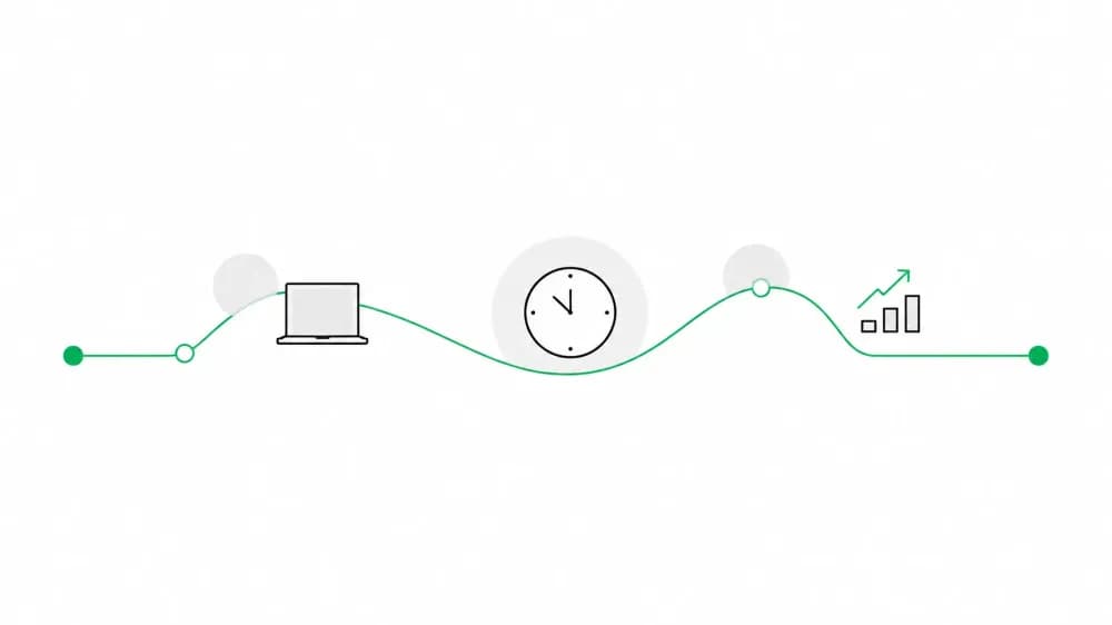 Línea de jornada flexible con puntos de inicio y fin, laptop y gráfica de resultados