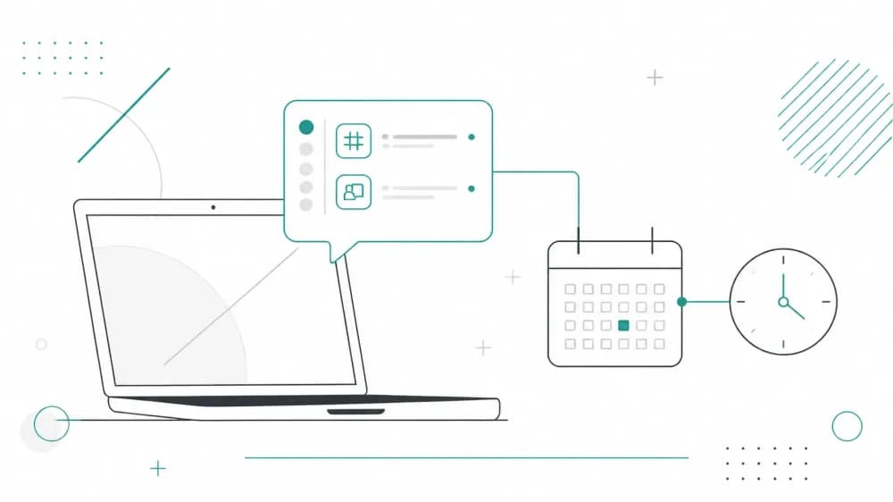 Laptop con calendario, reloj y registro digital de jornada para equipos remotos e híbridos