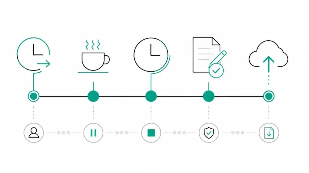 Timeline digital de jornada con registros de inicio, fin, corrección aprobada y exportación