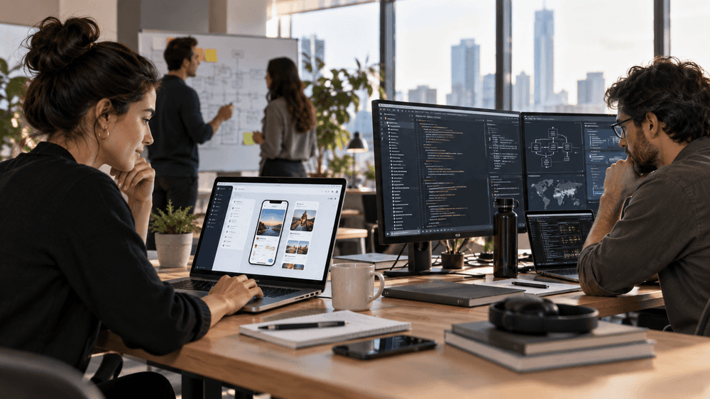 Fundadora revisando una aplicación creada con IA mientras un developer analiza código, arquitectura y seguridad en un espacio de trabajo moderno